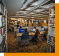 students at computers in library